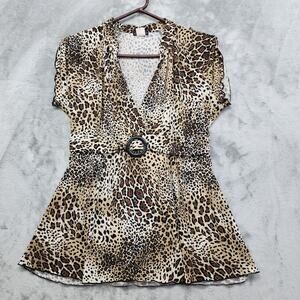 Cocomo V-Neck Cap Sleeve Ring Detail Tie Back Blouse Size M Brown Animal Print